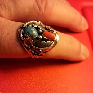 Turquoise and Coral Sterling Silver Statement Ring - Mens Jewelry